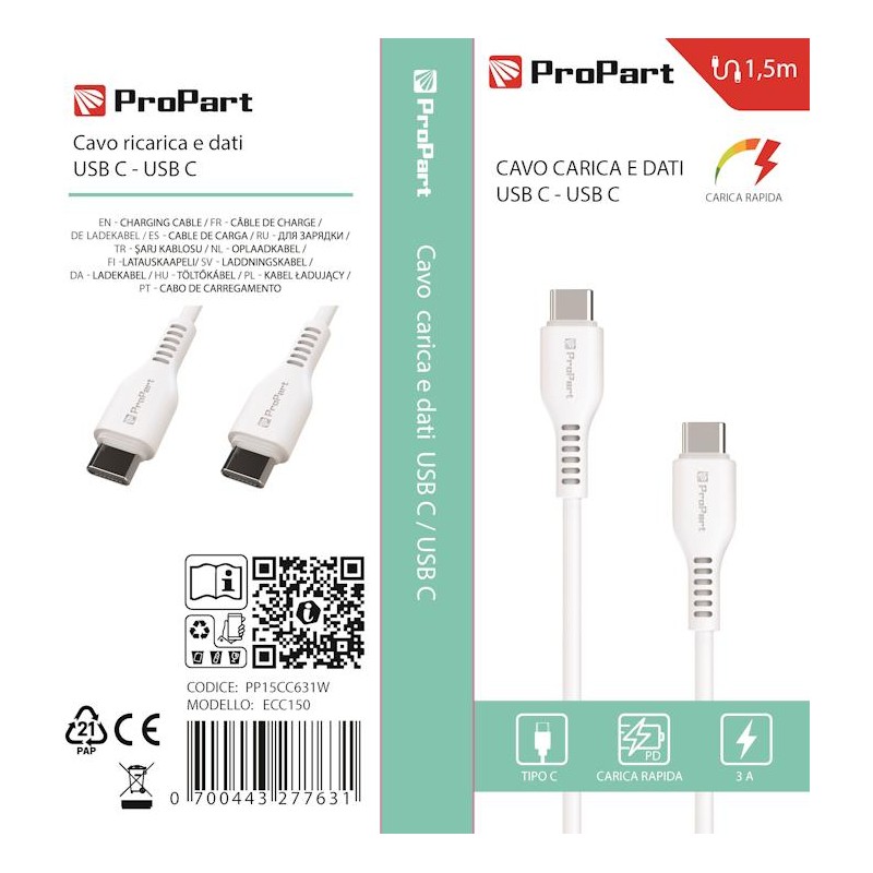 Type-C - C 3A Fast Charging Data Cable Length 1.5 mt White