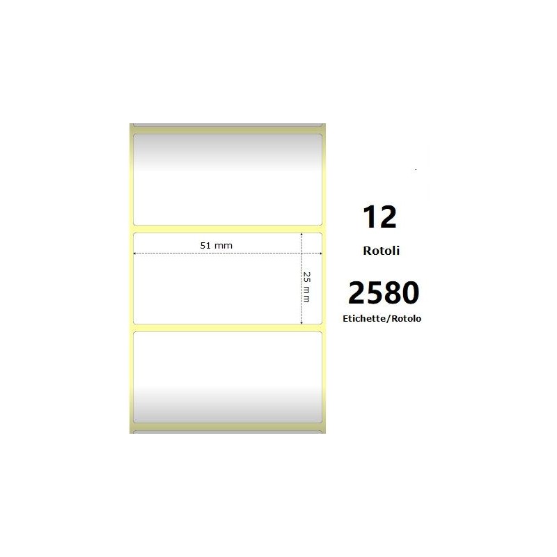 White 51x25mm, 2580 Et/Rotolo Z-2000D, 2x1x1 Core, 12 Rolls