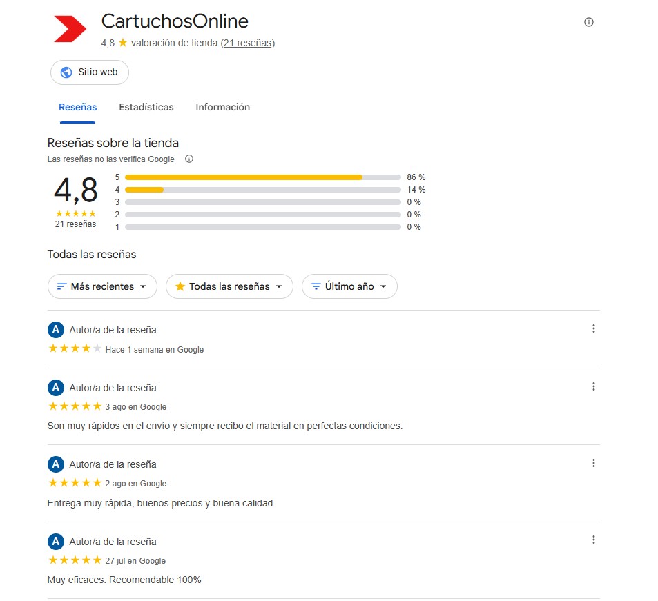 Opiniones y valoraciones de clientes en Cartuchosonline.es de google
